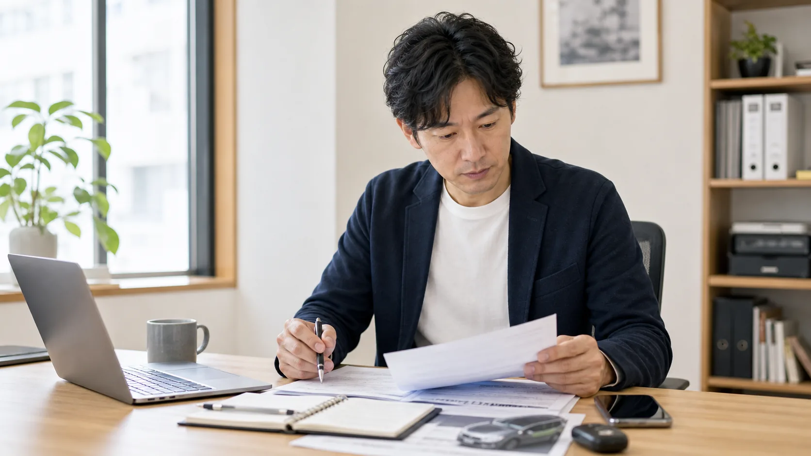 個人事業主がETCカードの申し込み準備をするデスクと業務車両のイメージ