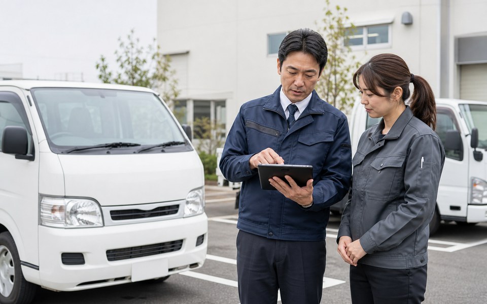 複数台の社用車利用を確認する日本の事業者と従業員