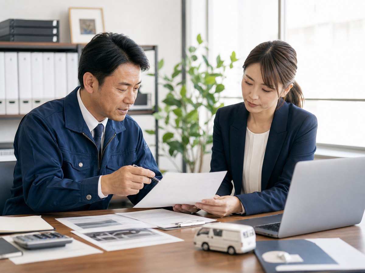 法人ETCカードの申し込み書類を相談しながら確認する日本の事業者と担当者