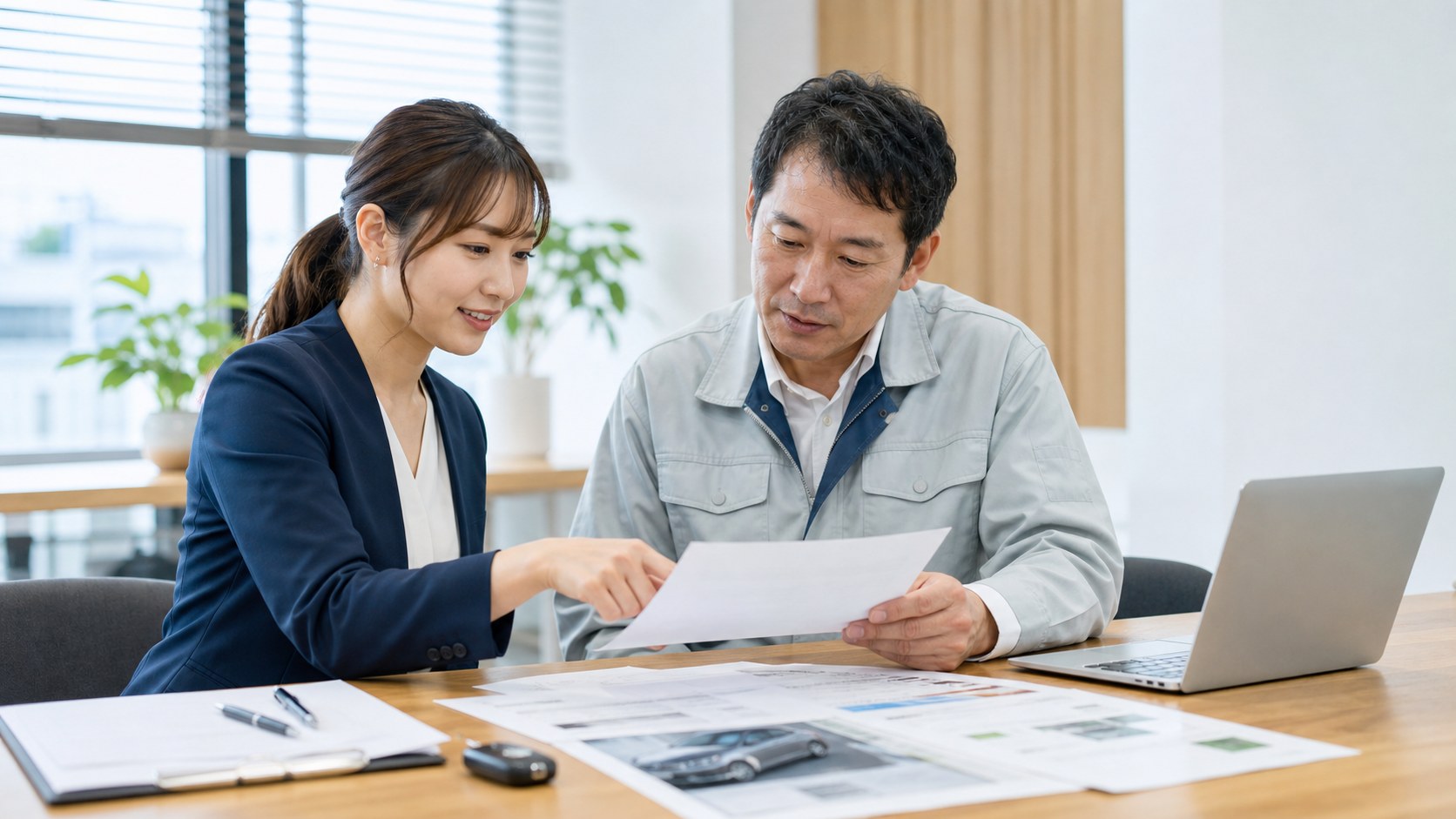 法人ETCカードの申し込みを相談しながら確認する担当者と事業者のイメージ